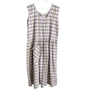 Ava’s Seersucker Midi Smock Dress Lagenlook Plaid Cotton Pink Tan Prairie Medium